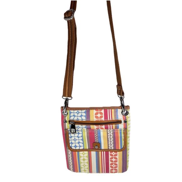 Fossil Canvas Fabric & Leather Crossbody Bag Purse Multicolor Geometric Stripe - Picture 2 of 13